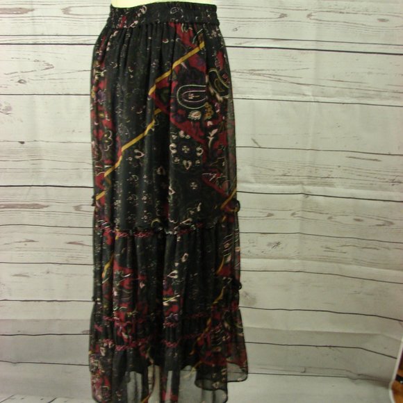 Black Deep Red Yellow Floral Flowing Layered Skirt - Picture 3 of 16